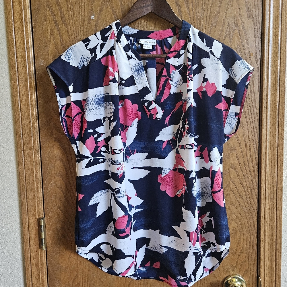 Liz Claiborne Navy and Pink Floral Blouse Womens S